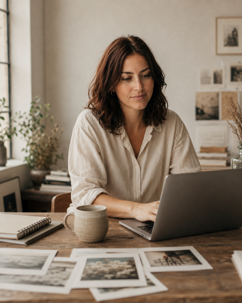 Marissa sits and works at a computer